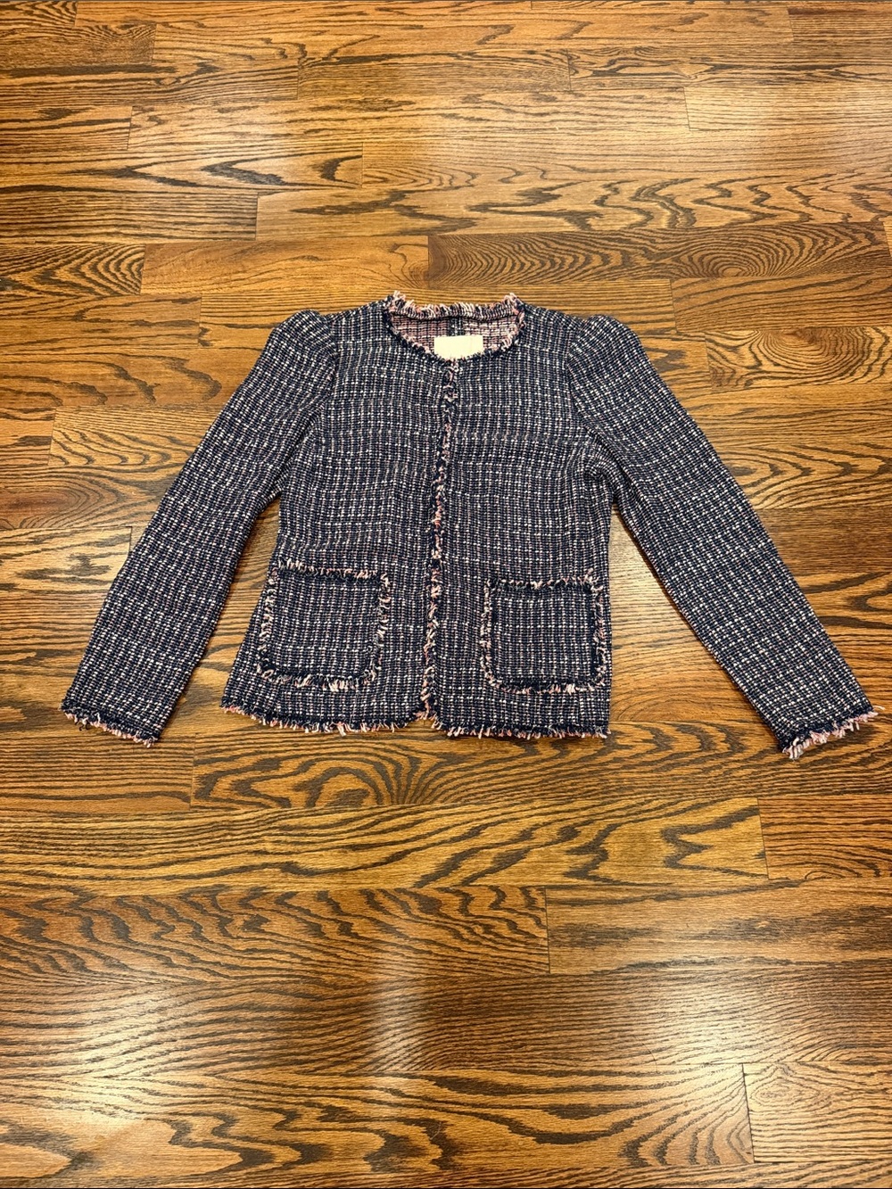 Rebecca Taylor Navy & Pink Bouclé Fringe Tweed Jacket Size 2 EUC